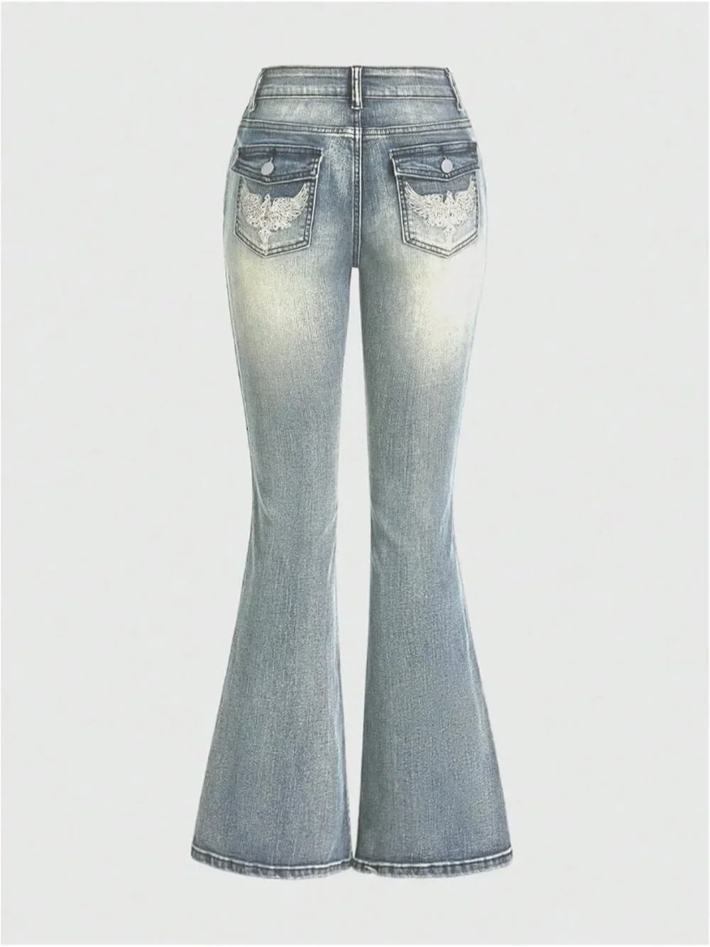Women's Dusty Blue Denim Pull On Y2k Goth High Waist Mid Rise Bell Bottom Jeans